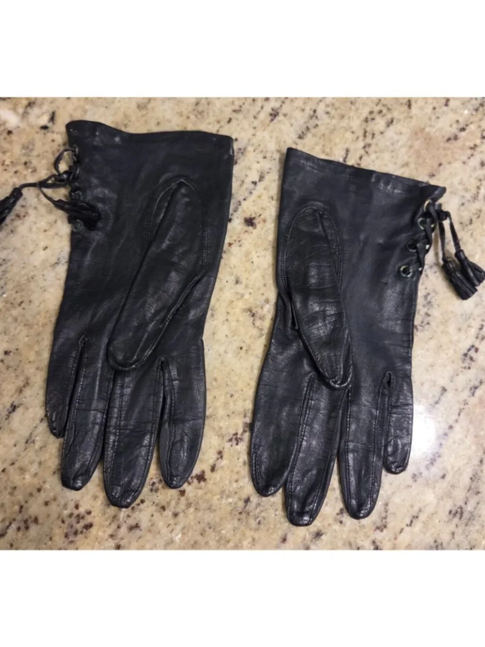 Vintage Womens Size S/M 6.5 Black Leather Gloves Tassle Lace Grommet Biker